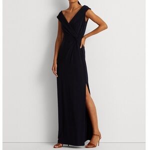 NWOT Navy Off-the-Shoulder Side-Slit Column Gown